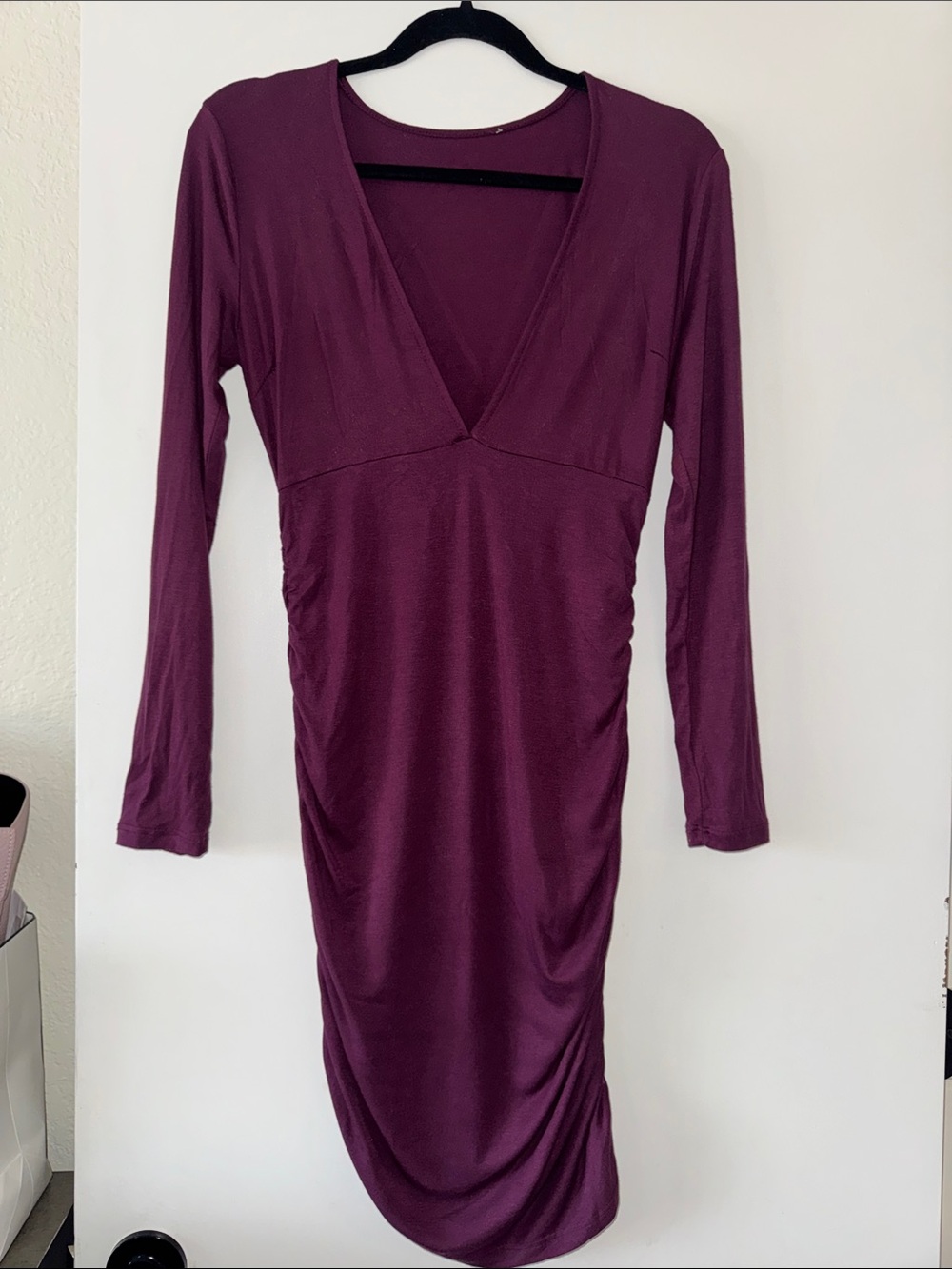 Deep V Long-Sleeve Ruched Midi Dress in Plum